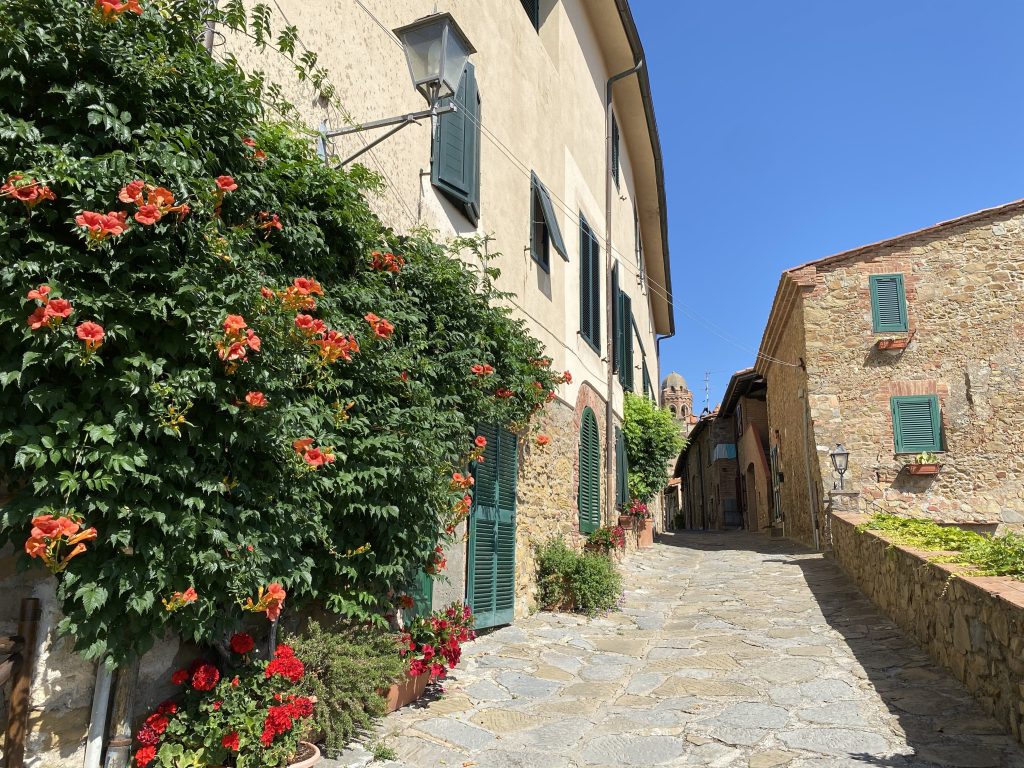 Foto del burgo medieval de Castiglione della Pescaia, casa con flores